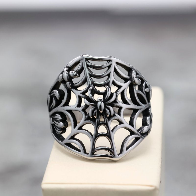 Vintage Solid Stainless Steel Hollow Spider Web Ring for Men