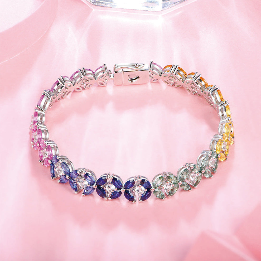 Women's Sterling Silver Pear Cut Colored Gem Flower Shape Plain Tennis Bracelet