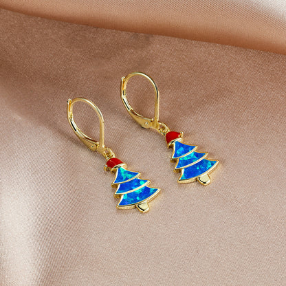 Women's Christmas Tree Color Opal Dangle Earrings, Gold / White Gold Plating