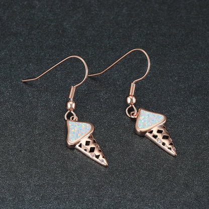 Women's Ice‑Cream Shape Hook Dangle Earrings, Blue Opal / White Opal Inlay, Hollow Design