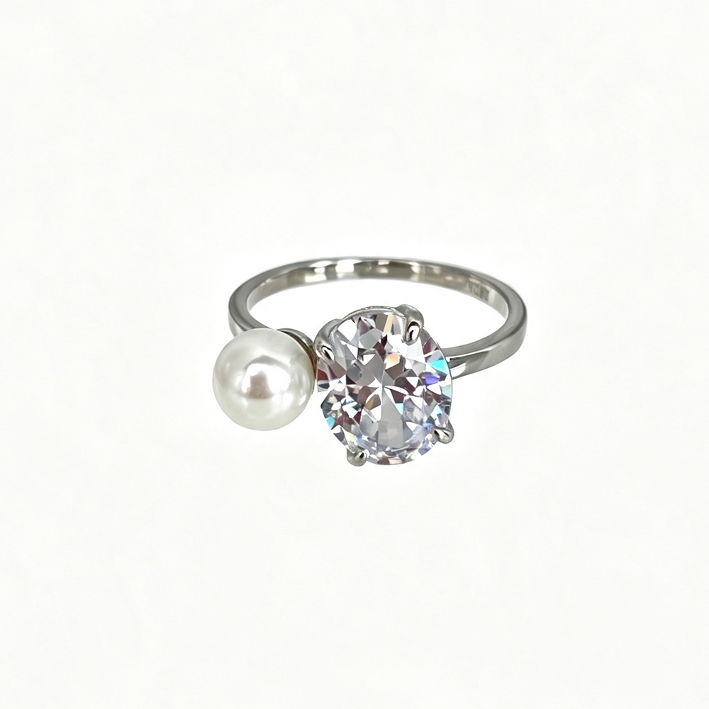 Women's Oval Zirconia Pearl Accent Ring, S925 with White Gold Plating