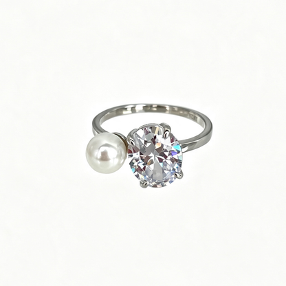 Women's Oval Zirconia Pearl Accent Ring, S925 with White Gold Plating