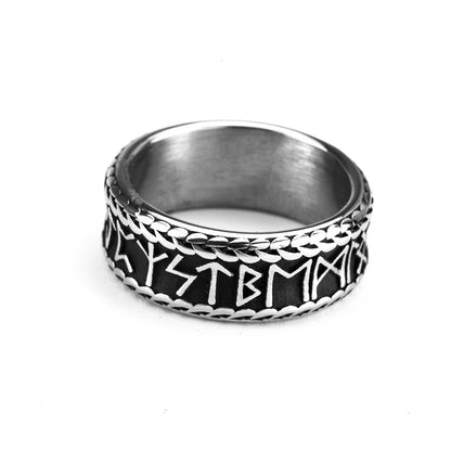 Vintage Antique Oxidized Solid Stainless Steel Norse Viking Rune Braided Trim Wide Circle Band Ring for Men