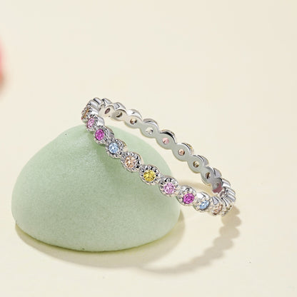 Women's Colorful Round Zirconia Paved Slim Band Ring, S925 with White Gold Plating