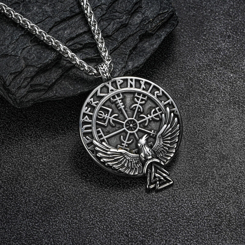 Men's Steel Viking Raven Rune Compass Round Tag Pendant Necklace