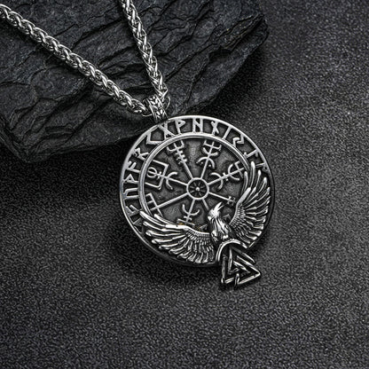Men's Steel Viking Raven Rune Compass Round Tag Pendant Necklace