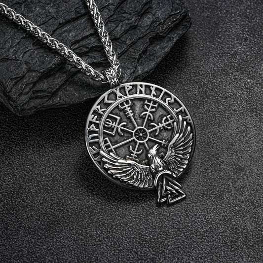 Men's Steel Viking Raven Rune Compass Round Tag Pendant Necklace