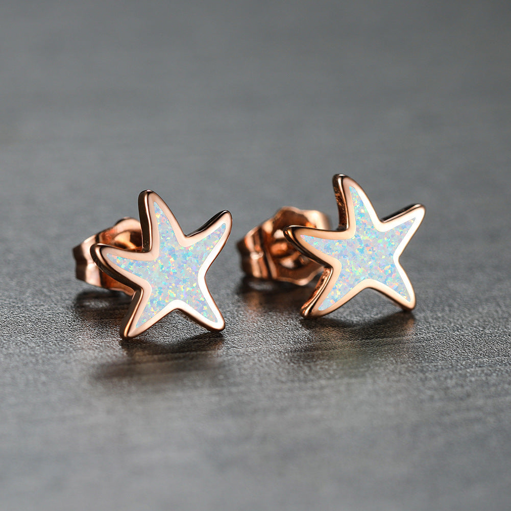 Women's Cute Starfish Shape Stud Earrings With White Opal Inlay, with Rose Gold Plating / with White Gold Plating