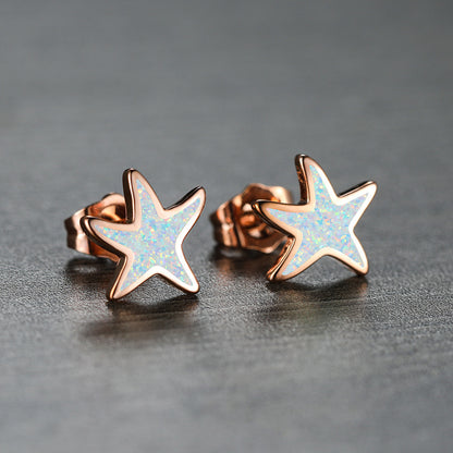Women's Cute Starfish Shape Stud Earrings With White Opal Inlay, with Rose Gold Plating / with White Gold Plating