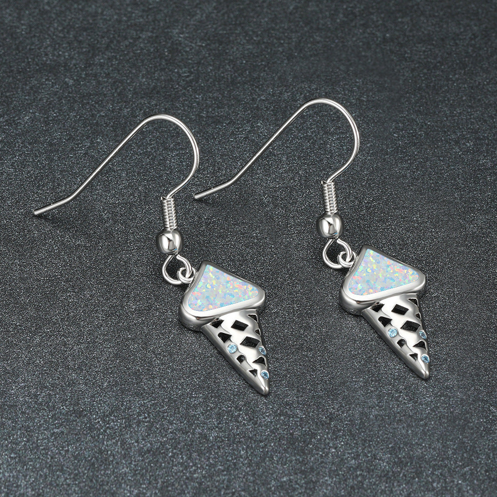 Women's Ice‑Cream Shape Hook Dangle Earrings, Blue Opal / White Opal Inlay, Hollow Design