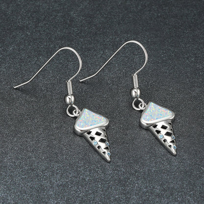 Women's Ice‑Cream Shape Hook Dangle Earrings, Blue Opal / White Opal Inlay, Hollow Design