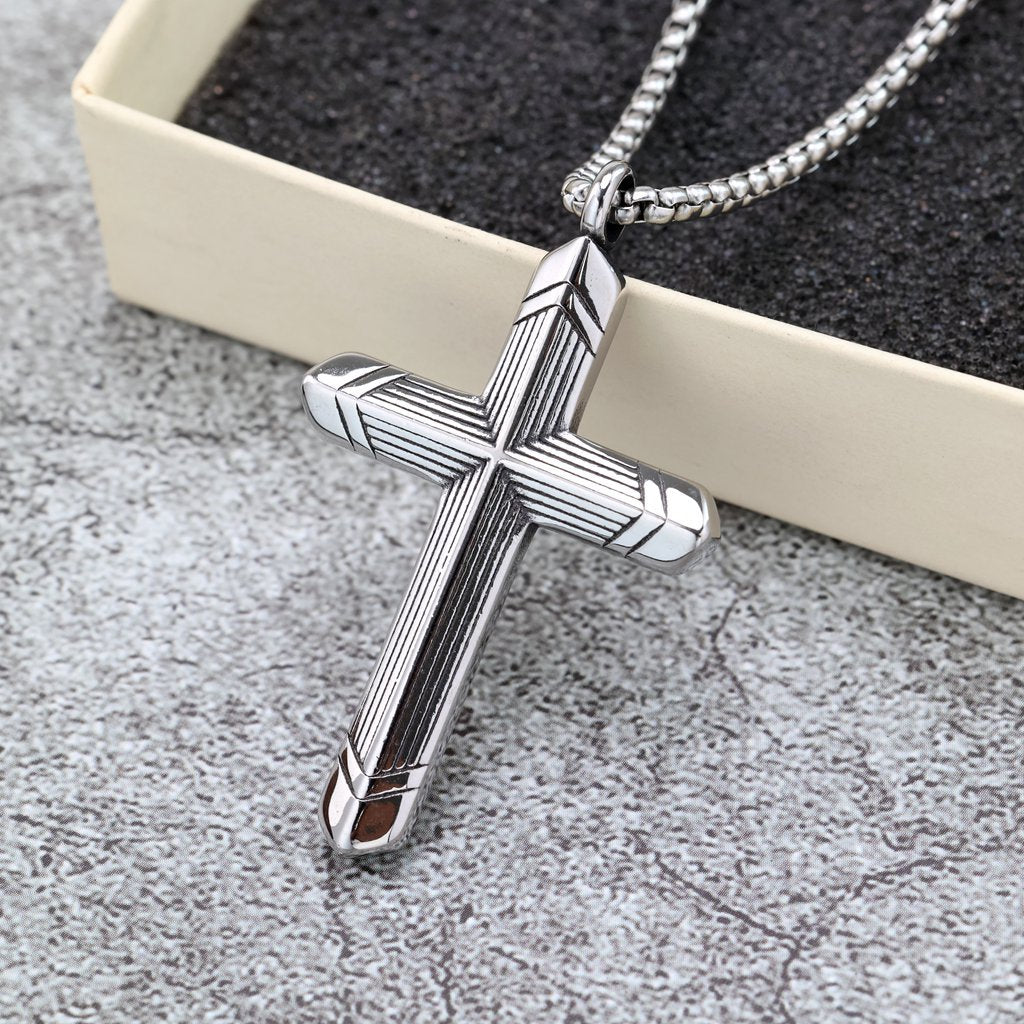 Vintage Stainless Steel Cross Striped Pendant Necklace for Men