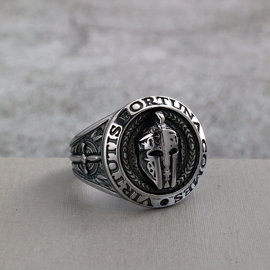 Vintage Stainless Steel Spartan Helmet Ring Engraved Virtutis Fortuna Comes for Men