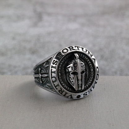 Vintage Stainless Steel Spartan Helmet Ring Engraved Virtutis Fortuna Comes for Men