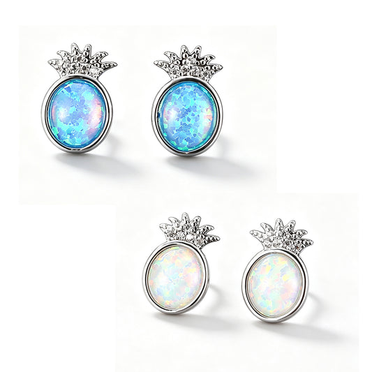 Women's Pineapple Shape Oval Opal Stud Earrings With Round Zirconia Accent, with White Gold Plating