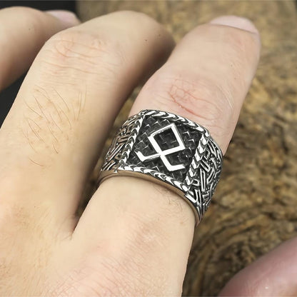Vintage Solid Stainless Steel Norse Viking Rune Textured Carved Wide Band Ring for Men
