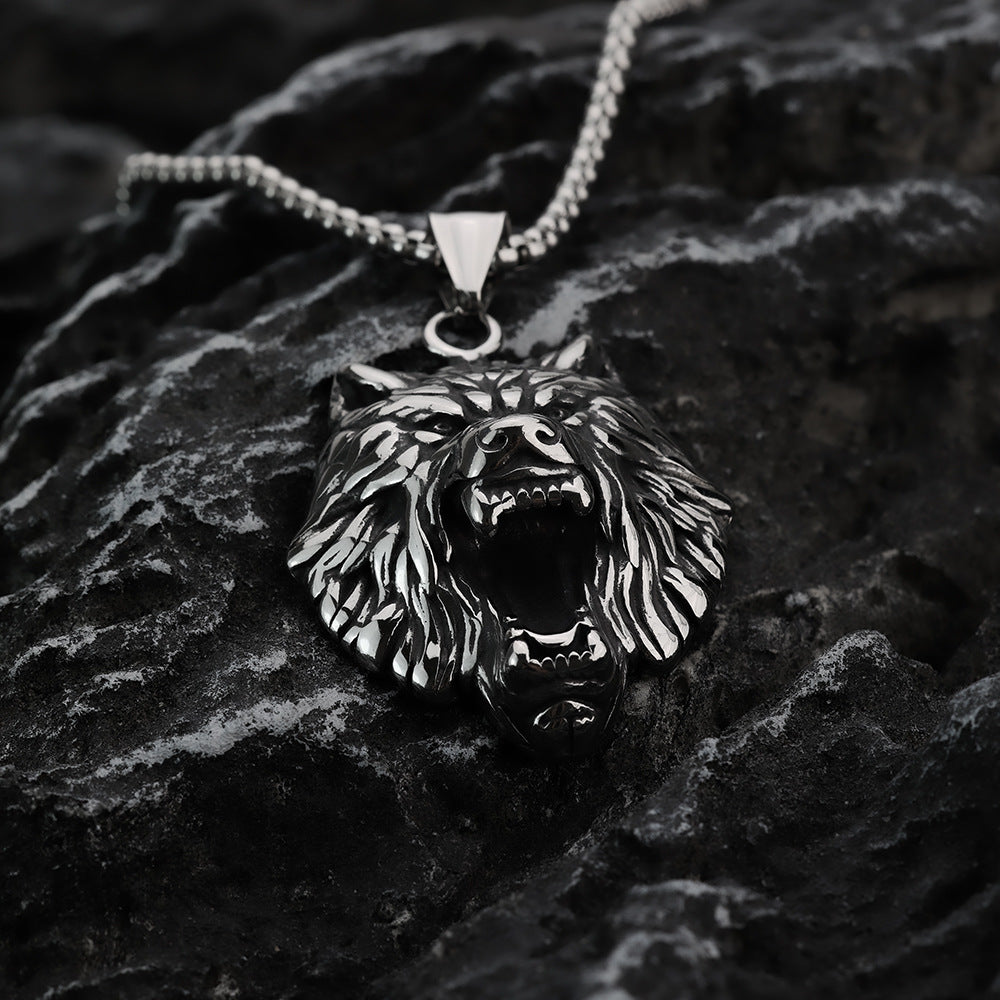 Men's Steel 3D Roaring Wolf Head Pendant Necklace