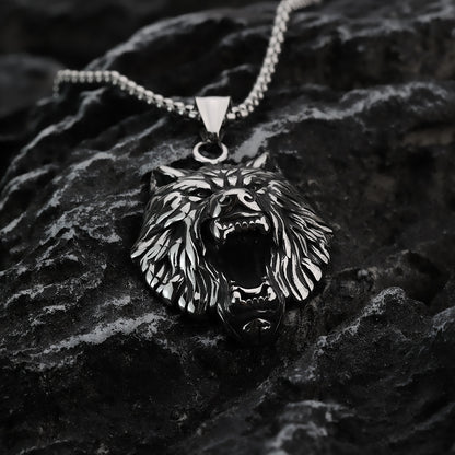 Men's Steel 3D Roaring Wolf Head Pendant Necklace