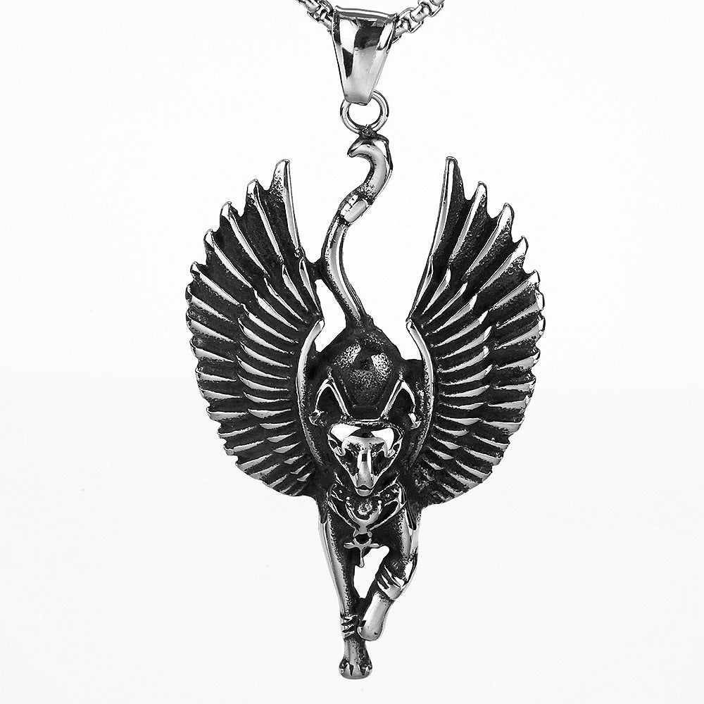 Vintage Stainless Steel Egyptian Cat God Wings Pendant Necklace for Men