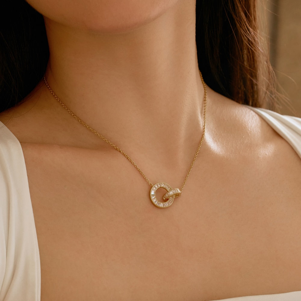 Women's Interlocking Rings Pendant Necklace, Baguette Zirconia Paved Inlay, S925 with 18K Gold Plating