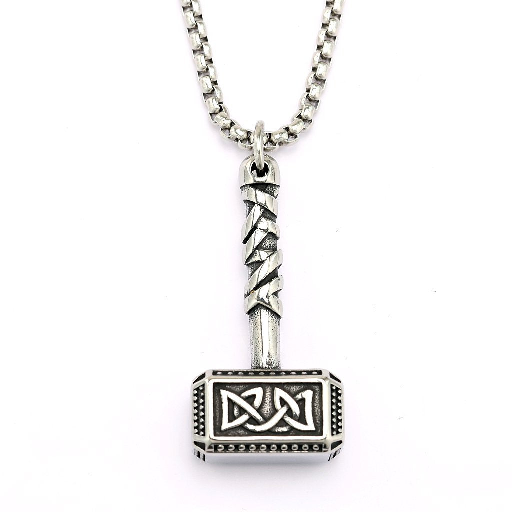 Vintage Stainless Steel Viking Pattern Hammer Pendant Necklace for Men