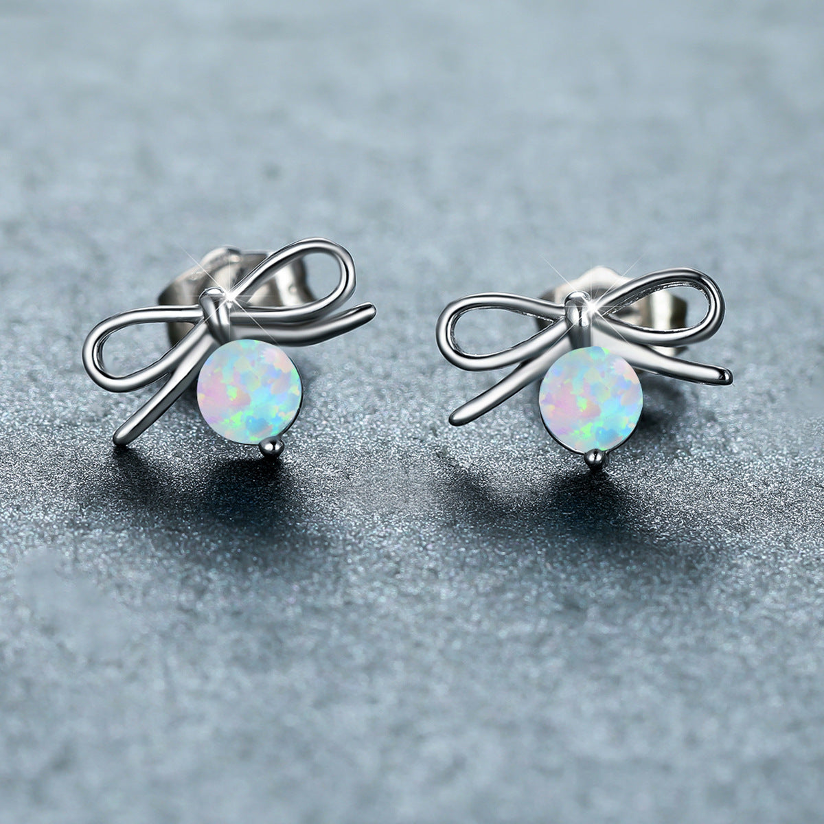 Women's Bow‑Shape Round Opal Stud Earrings, with Rose Gold Plating / White Gold Plating