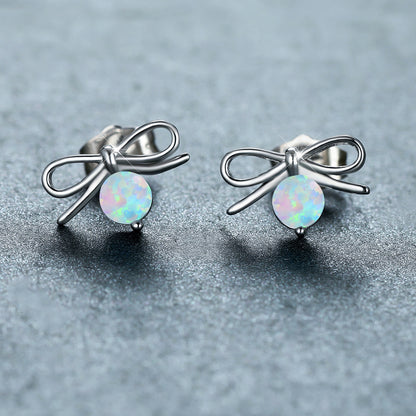 Women's Bow‑Shape Round Opal Stud Earrings, with Rose Gold Plating / White Gold Plating