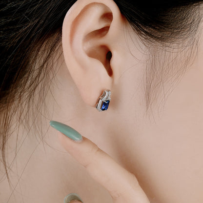 Women's Geometric Frame Stud Earrings, Rectangular Blue Sapphire, Round Zirconia Halo Setting, S925 with White Gold Plating