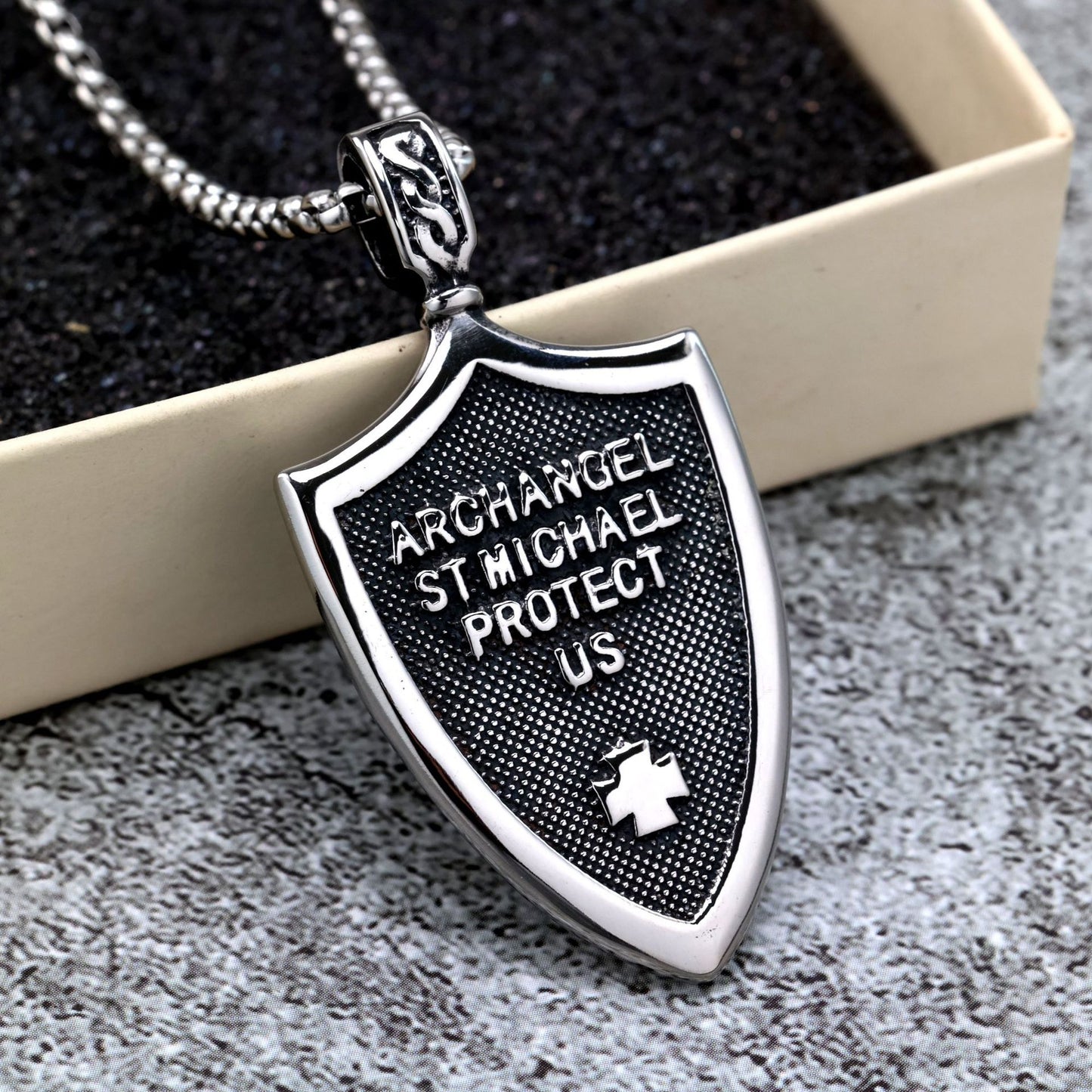 Vintage Stainless Steel Men's Shield St. Michael Angel Pendant Necklace