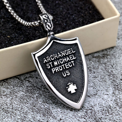 Vintage Stainless Steel Men's Shield St. Michael Angel Pendant Necklace