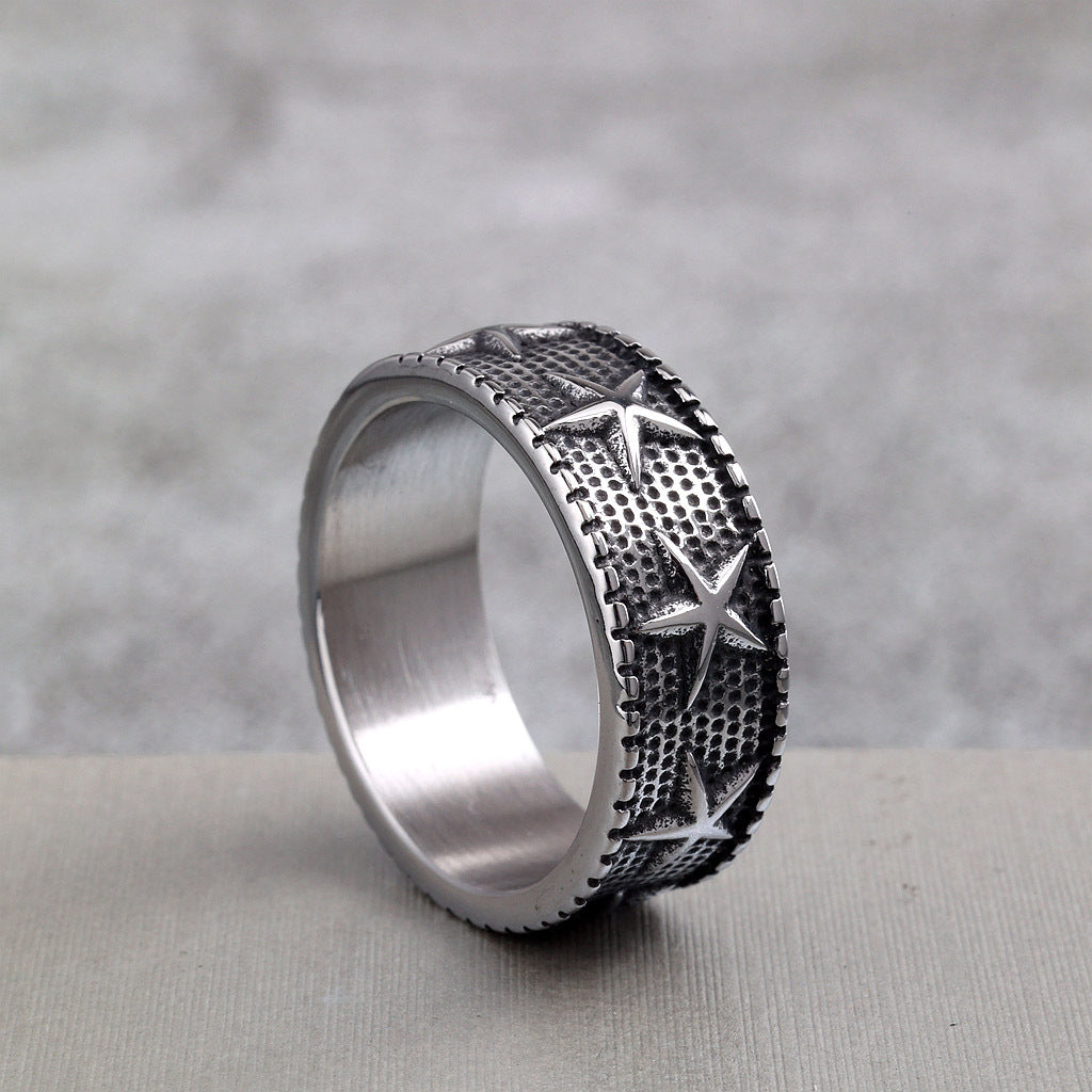 Vintage Solid Stainless Steel Five Point Starfish Round Ring for Men