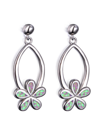 Women's Exquisite Hollow‑Out Floral Dangle Earrings with Blue / Purple / White Opal, with White Gold Plating