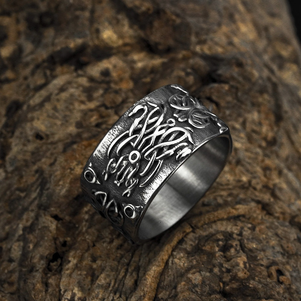 Vintage Antique Oxidized Solid Stainless Steel Celtic Knot Embossed Wide Circle Band Ring for Men