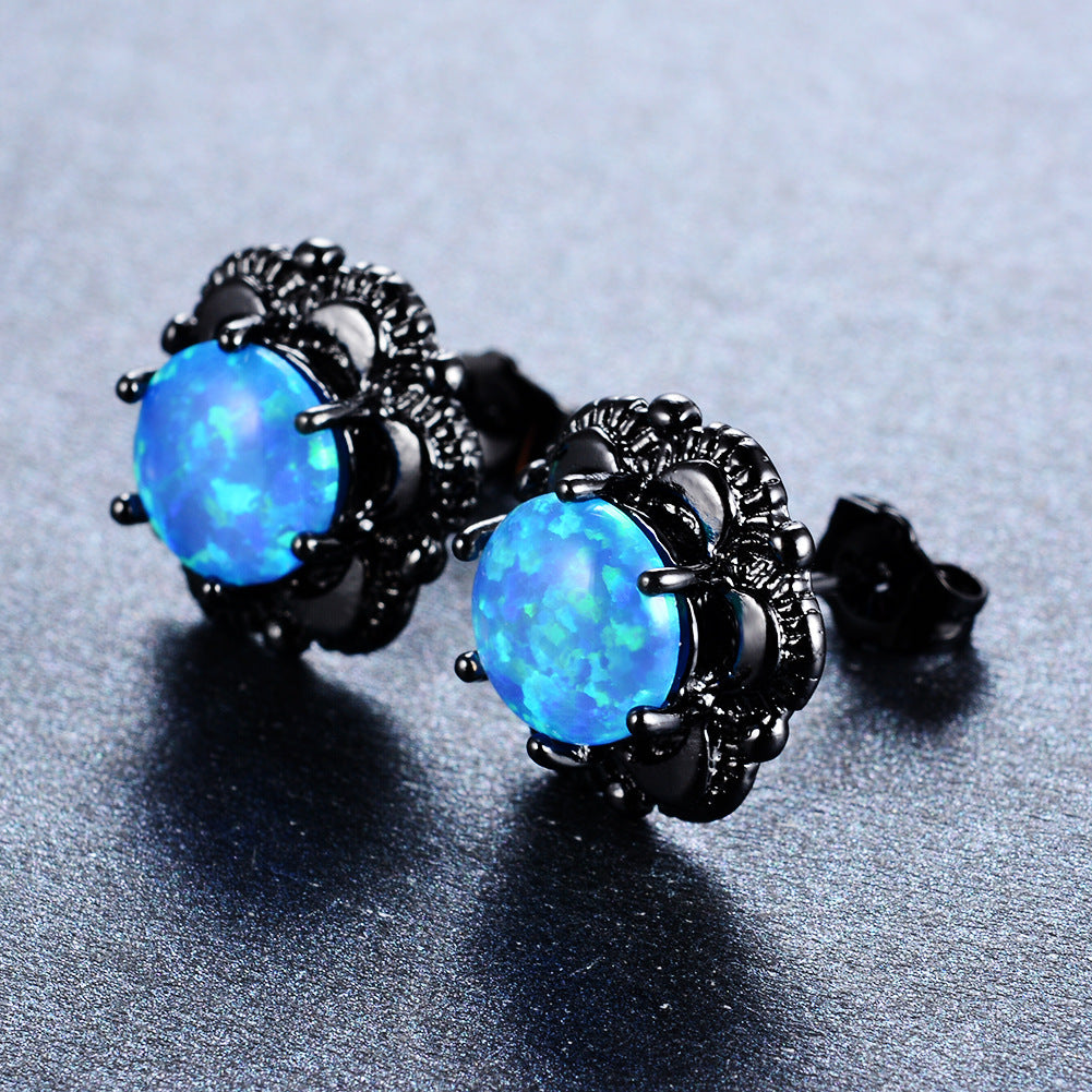 Women's Vintage Flower Stud Earrings, White Opal Prong Inlay, Black Plating