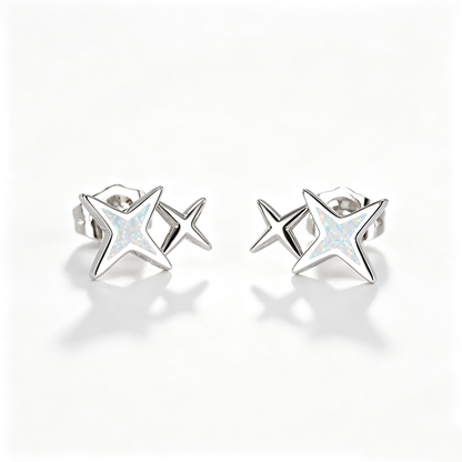 Women's Double‑Star Stud Earrings with Blue / White Opal, with White Gold / Rose Gold Plating