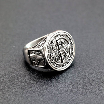 Vintage Stainless Steel Saint Benedict Exorcism Cross Ring for Men