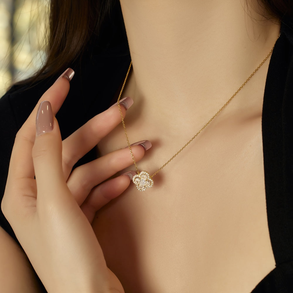 Women's Clover Pendant Necklace, Heart Shape Zirconia Accent, S925 with Gold Plating
