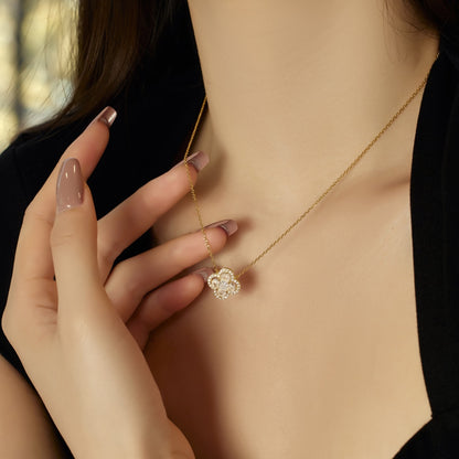 Women's Clover Pendant Necklace, Heart Shape Zirconia Accent, S925 with Gold Plating