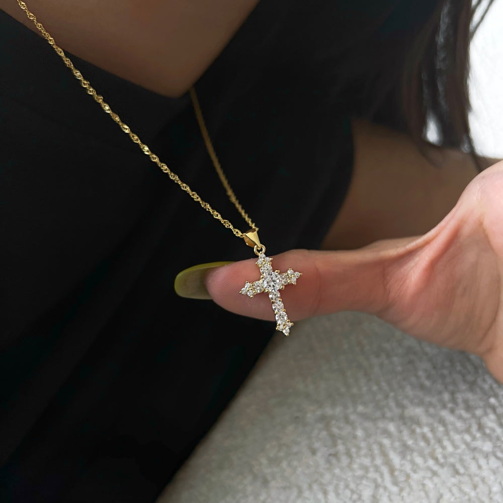 Women's Stackable Religious Cross Pendant Necklace, Zirconia Inlay, S925 with 18K Gold Plating