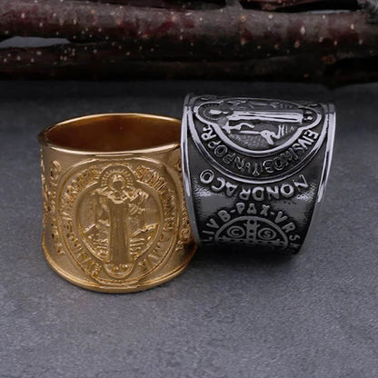 Vintage Stainless Steel Wide Band St. Benedict Exorcism Cross Ring for Men