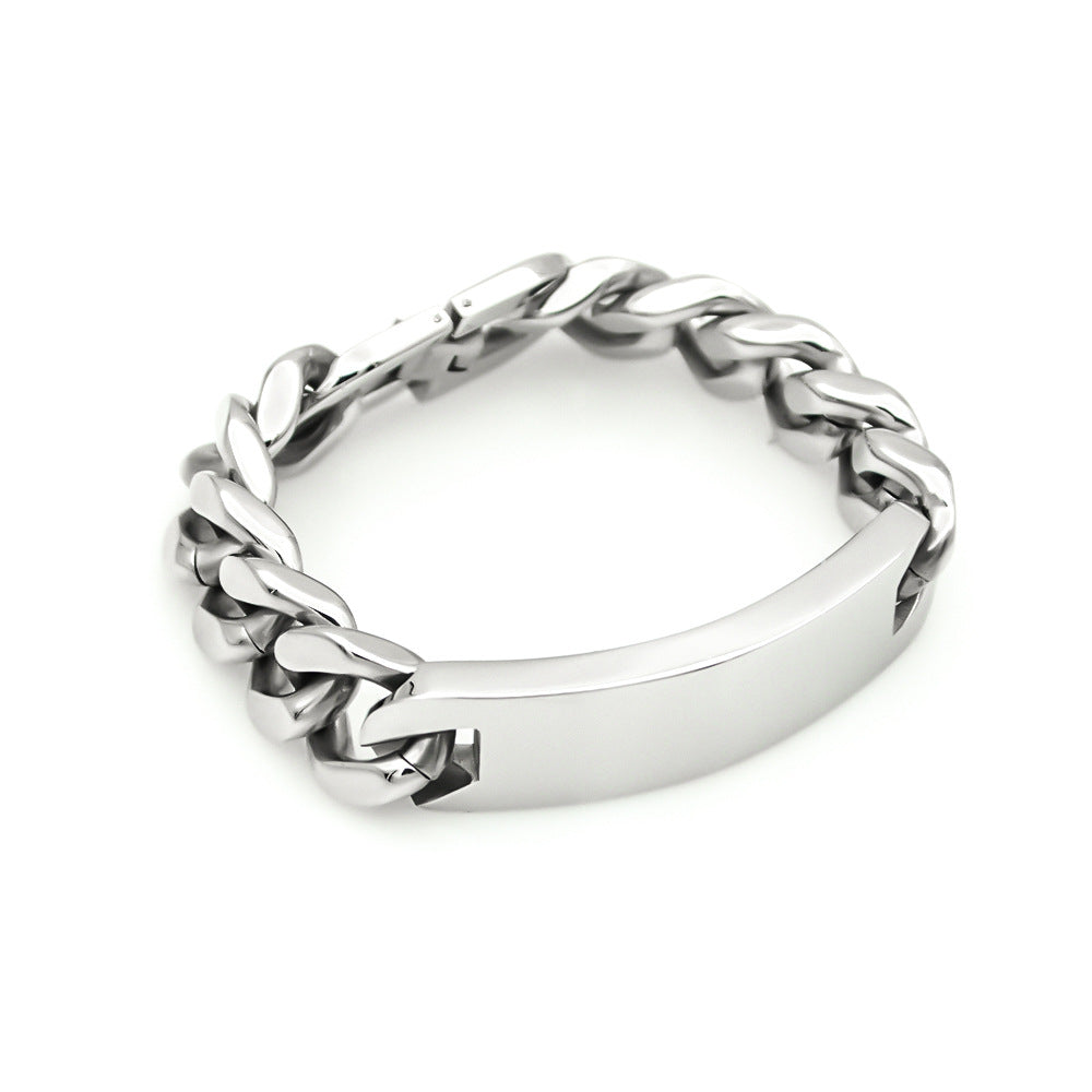 Men’s Silver Tone Stainless Steel Curb Chain Bracelet with Curved Tag Fashion Wrist Jewelry