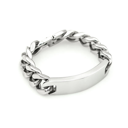 Men’s Silver Tone Stainless Steel Curb Chain Bracelet with Curved Tag Fashion Wrist Jewelry