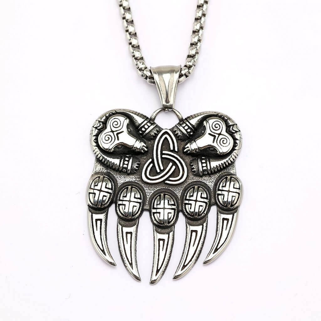 Vintage Stainless Steel Single Sided Celtic Knot Bear Paw Pendant Necklace for Men