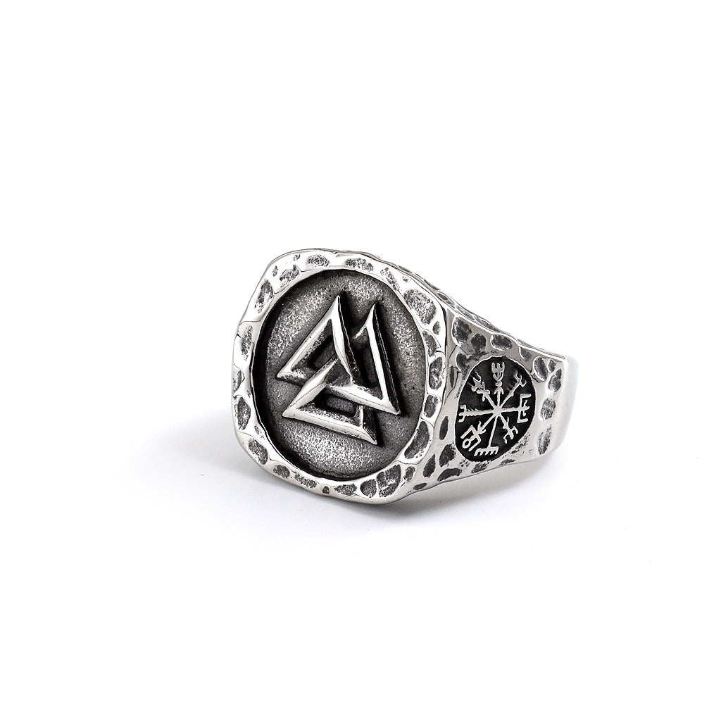 Vintage Solid Stainless Steel Viking Valknut Vegvisir Round Signet Ring for Men
