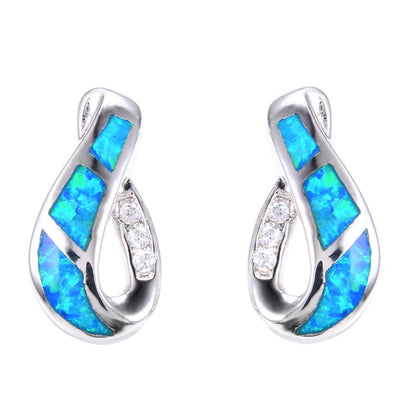 Women's Twisted Hollow Inlaid Blue Opal Stud Earrings With Zirconia Accents