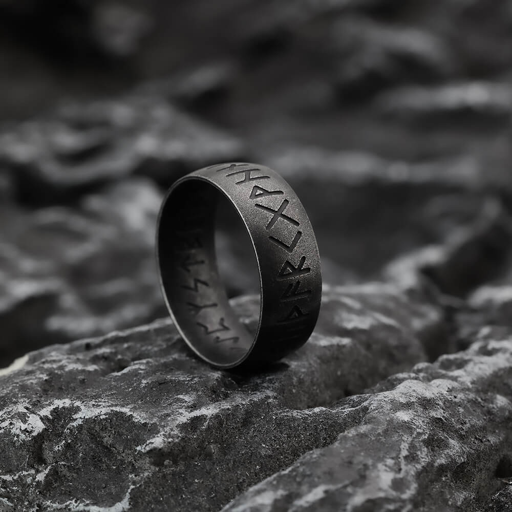 Vintage Nordic Stainless Steel Inner & Outer Engraved Viking Rune Band Ring for Men