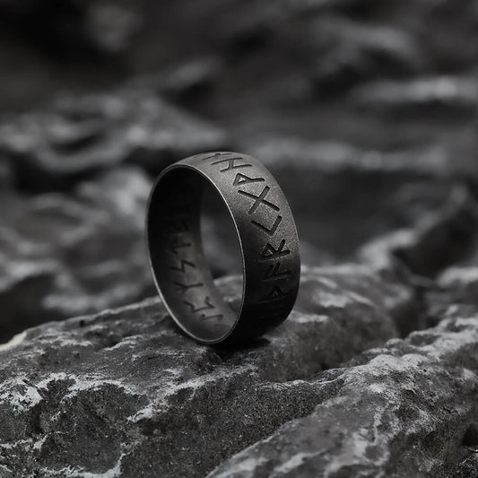 Vintage Nordic Stainless Steel Inner & Outer Engraved Viking Rune Band Ring for Men