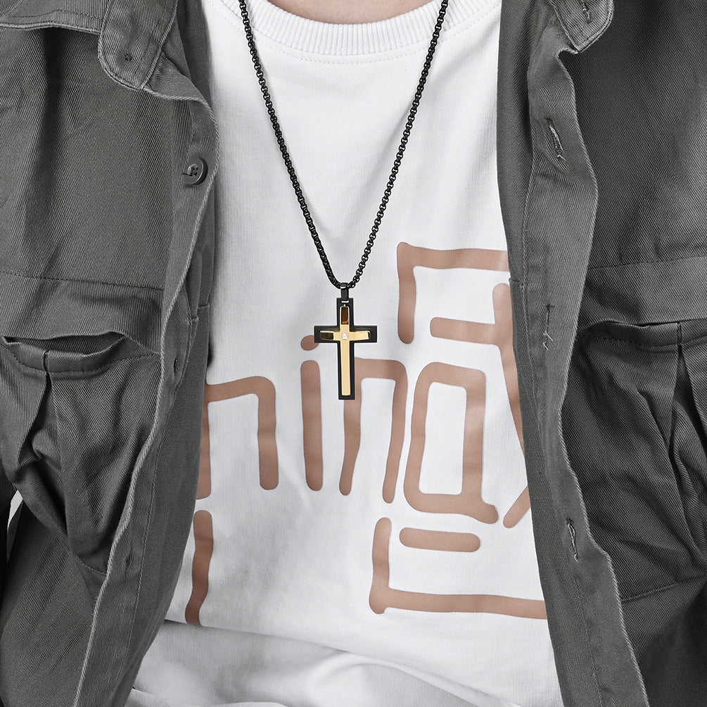 Men's Double-Layered Four-Sided Chamfered Zircon-Encrusted Cross Pendant Necklace