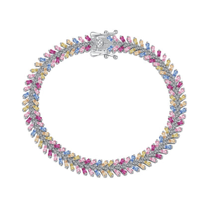 Women's High‑End Bracelet, Baguette Multicolor Gemstone & Round White Zirconia Row Inlay, S925 with White Gold Plating