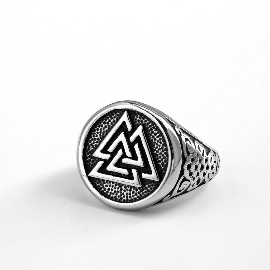Vintage Solid Stainless Steel Viking Triangle Symbol Round Ring for Men